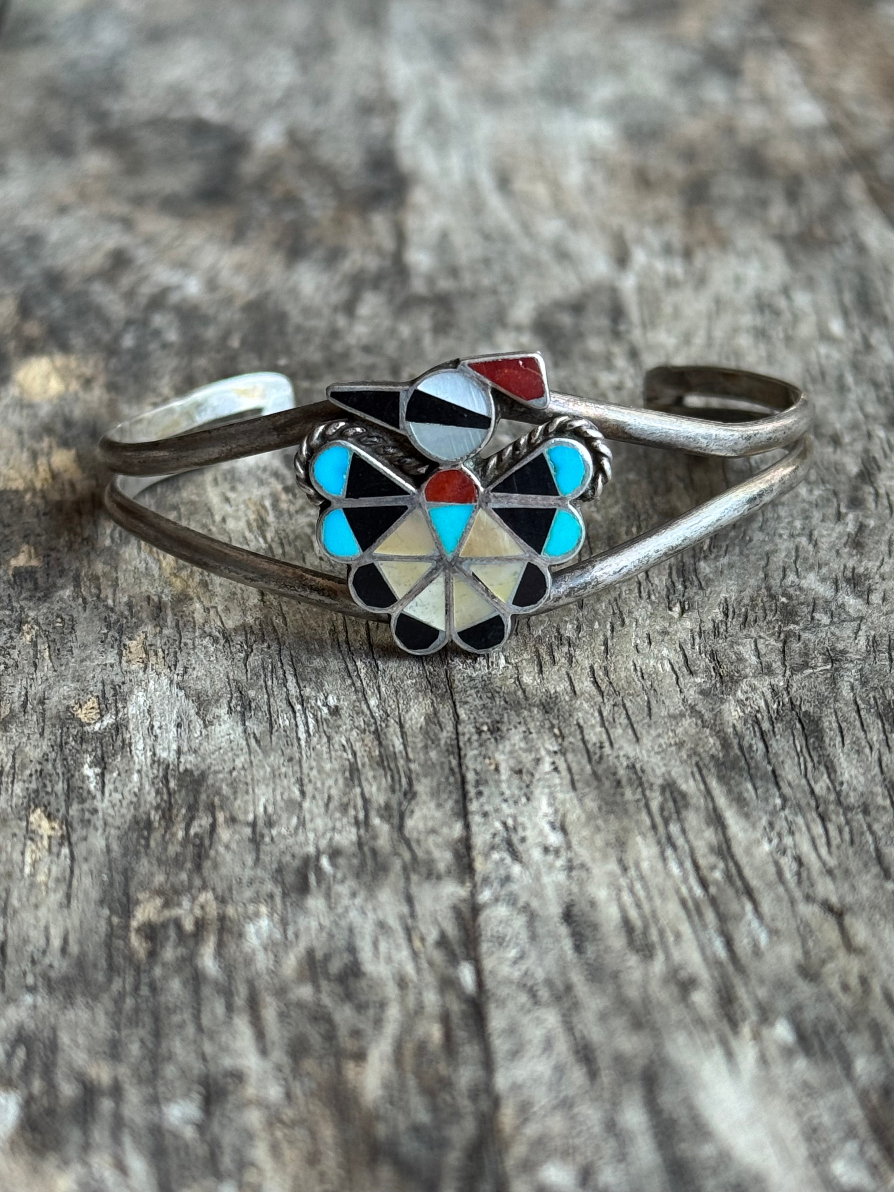 Vintage Sterling Silver Multistone Inlay Thunderbird Cuff