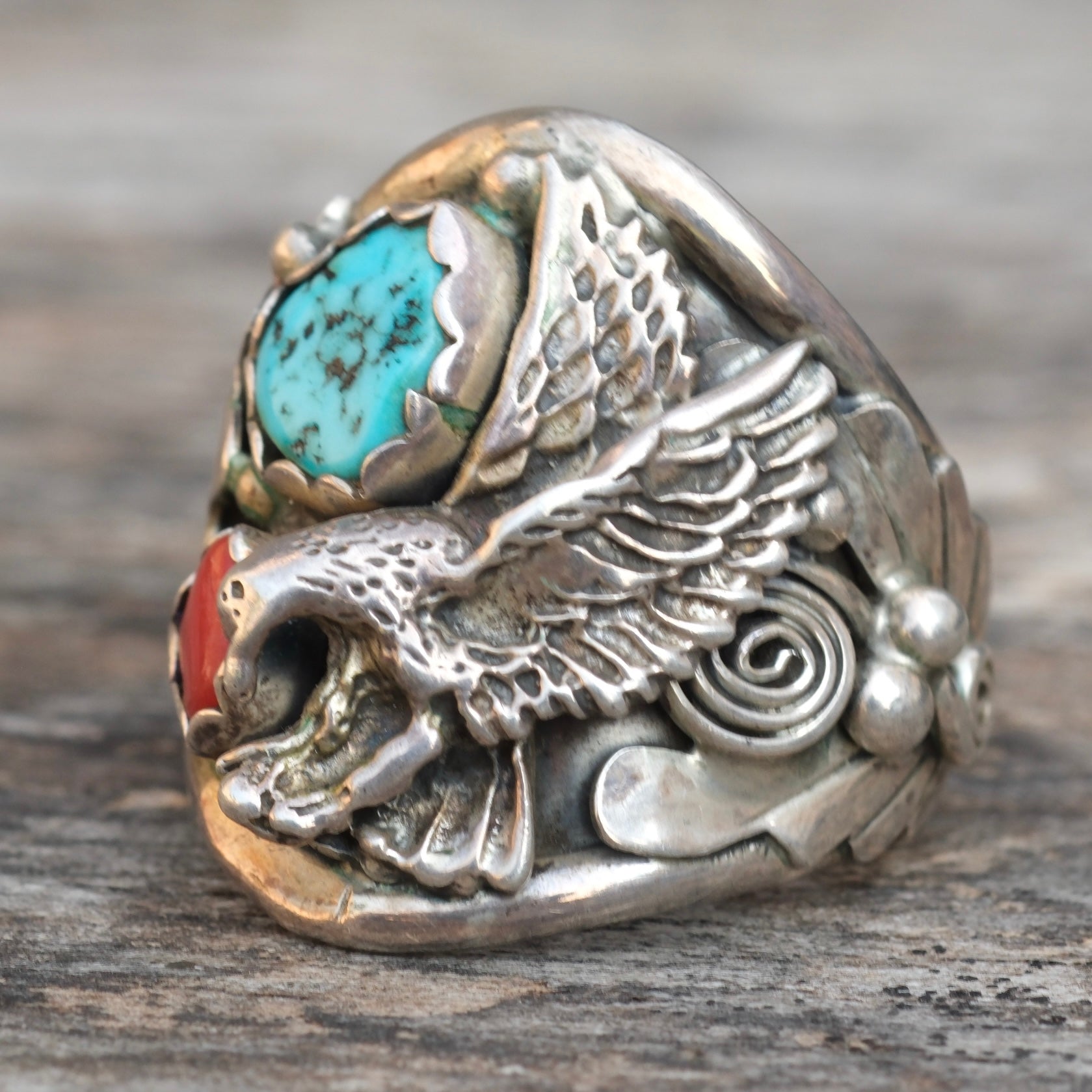 Vintage Sterling Turquoise and Coral Eagle Ring 10