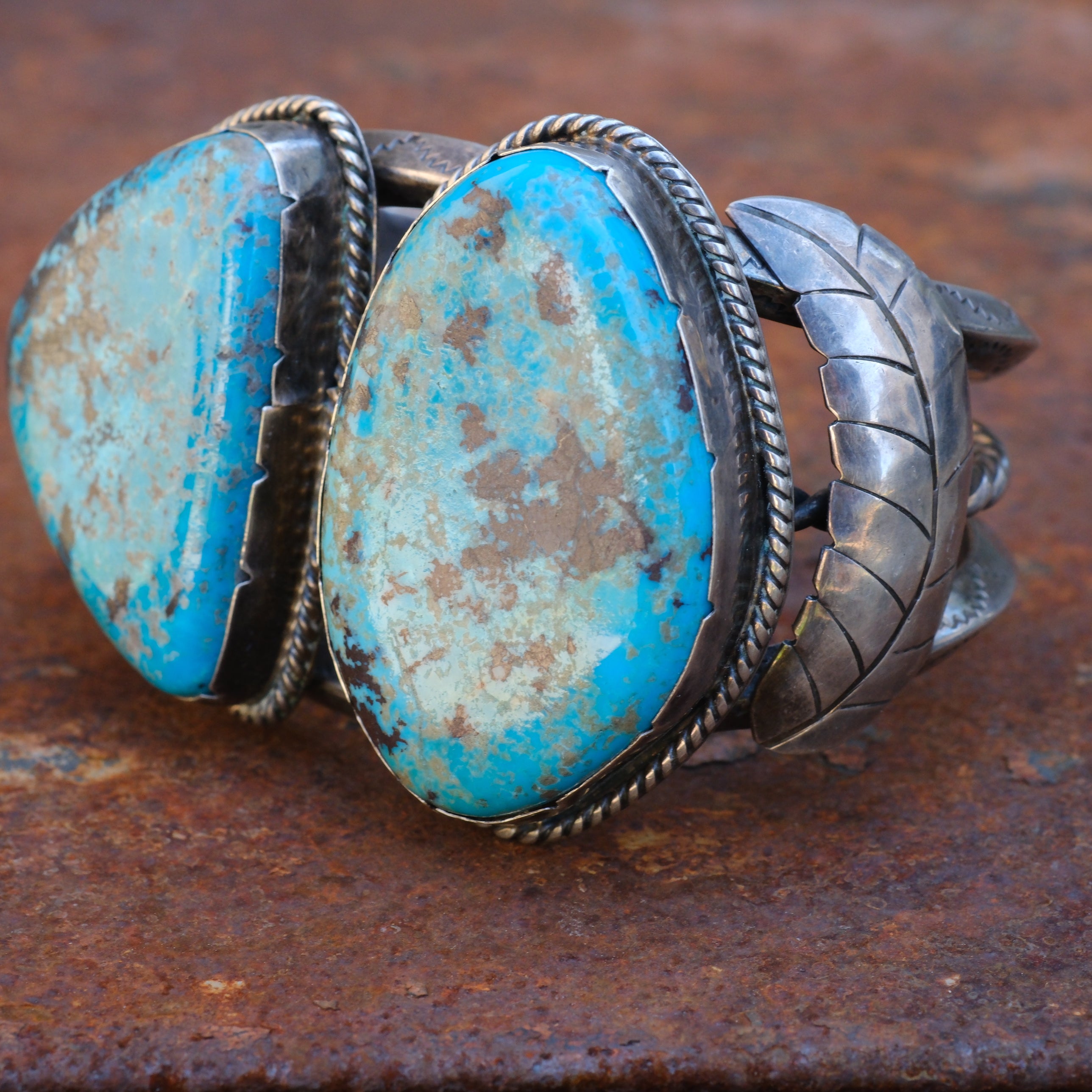 Massive Vintage Sterling 2-Stone Turquoise Stamped Feather Cuff Bracelet