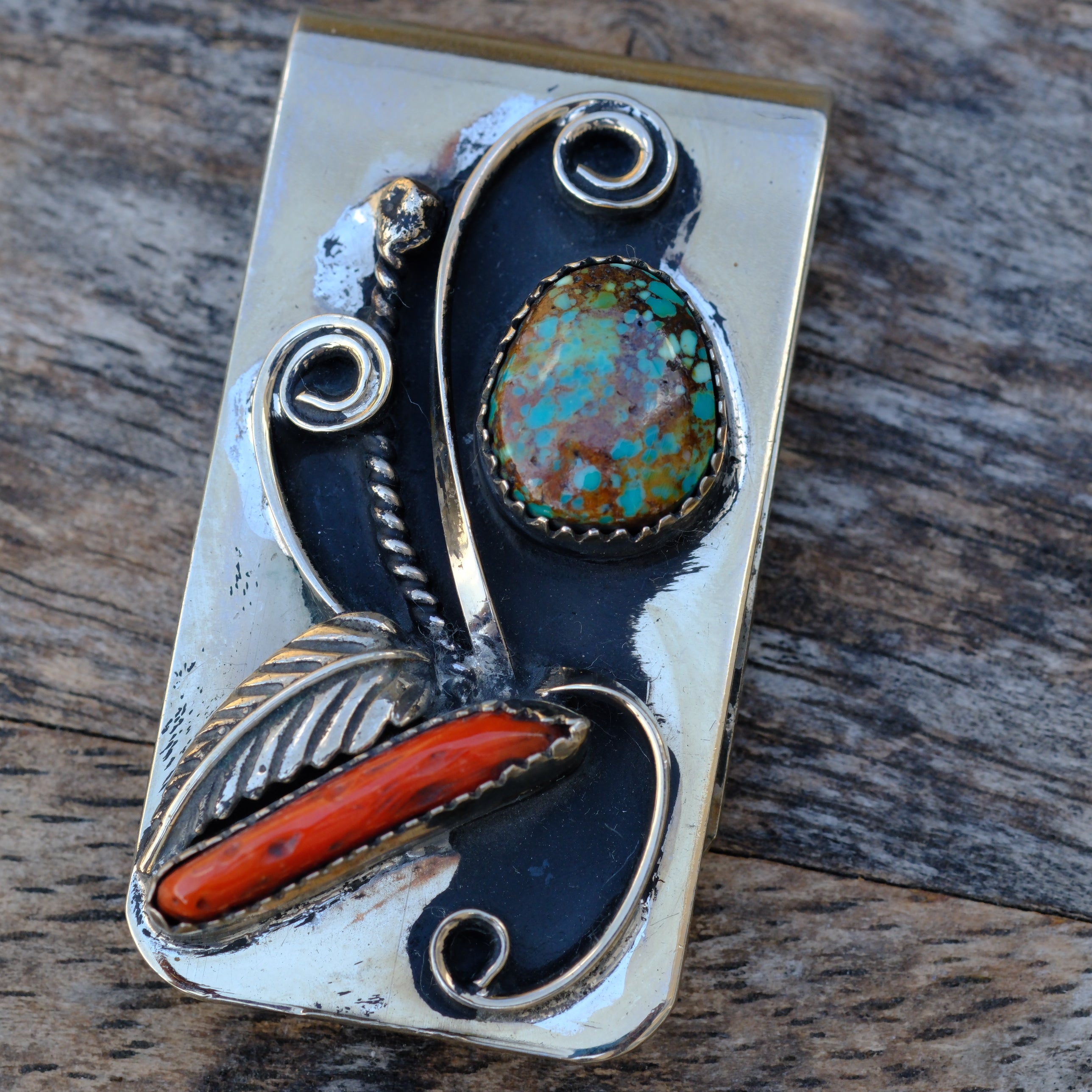 Vintage Turquoise and Coral Feather Money Clip