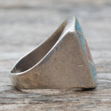 Vintage Sterling Crushed Turquoise and Coral Inlay Ring 9.5