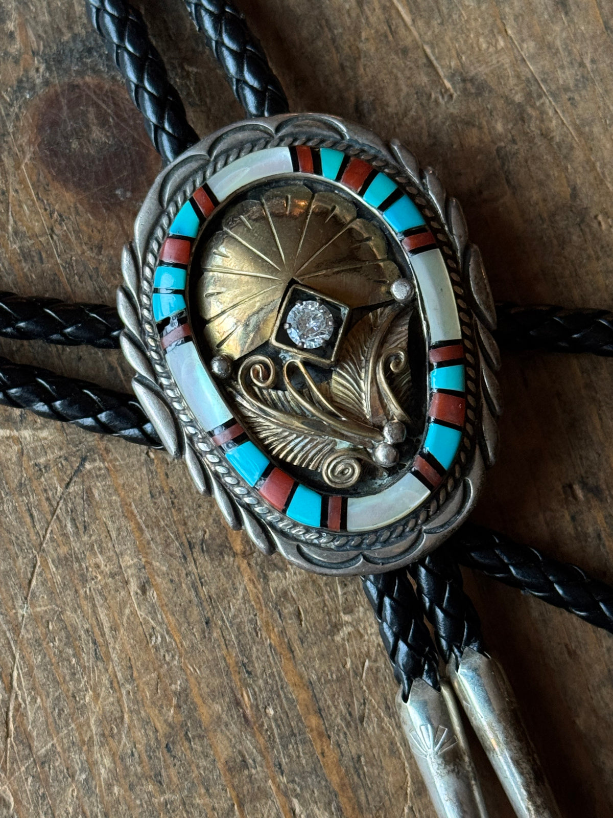Vintage Sterling Silver & Brass CZ Multistone Inlay Bolo