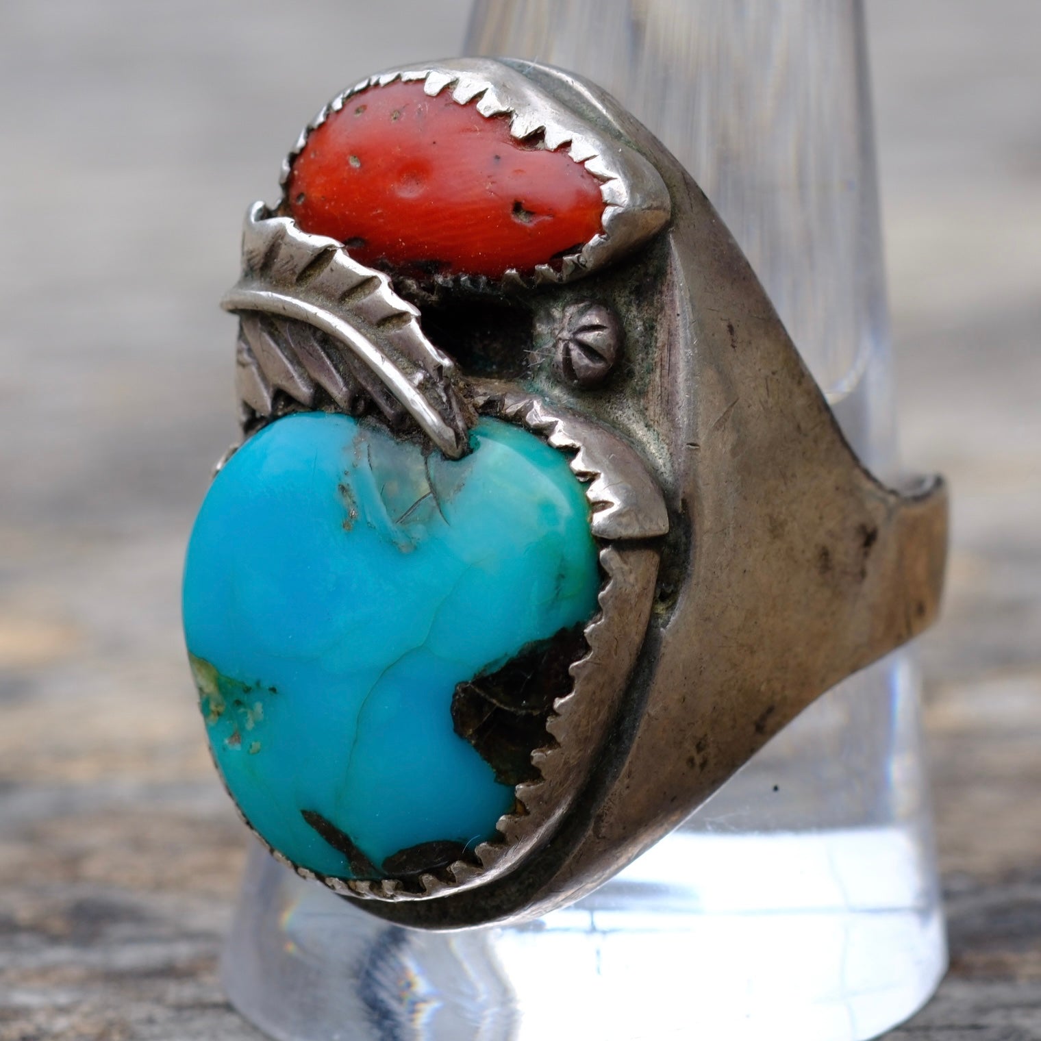 Vintage Sterling Turquoise and Coral Feather Ring 11