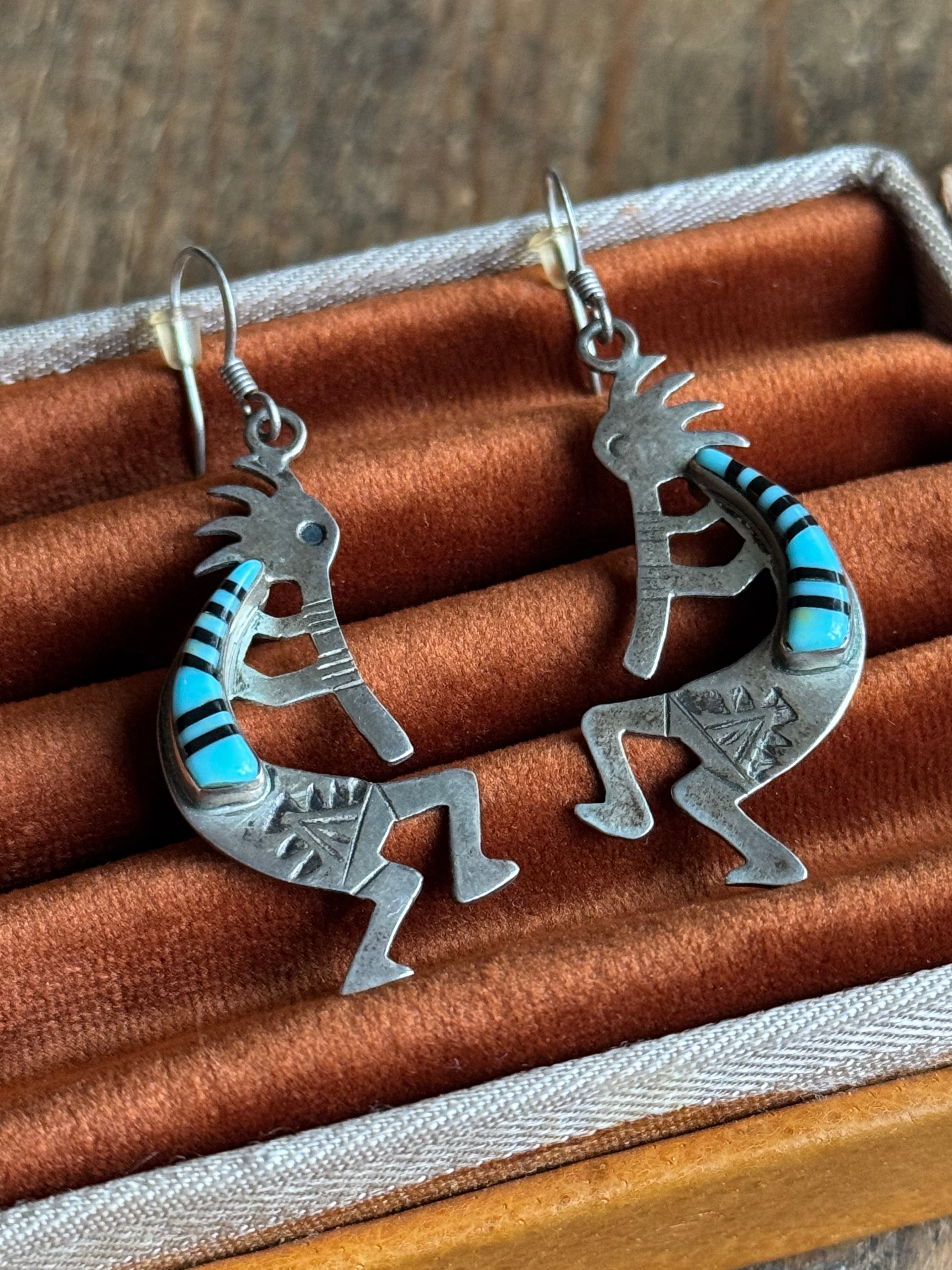 Vintage Sterling Silver Multistone Inlay Kokopelli Earrings