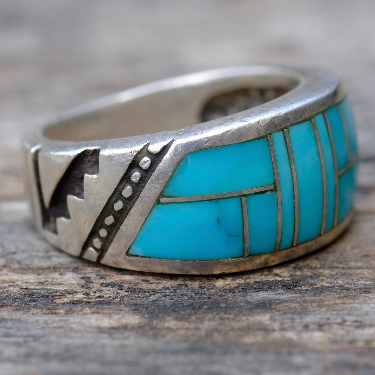 Vintage Sterling Turquoise Inlay Band Ring 9