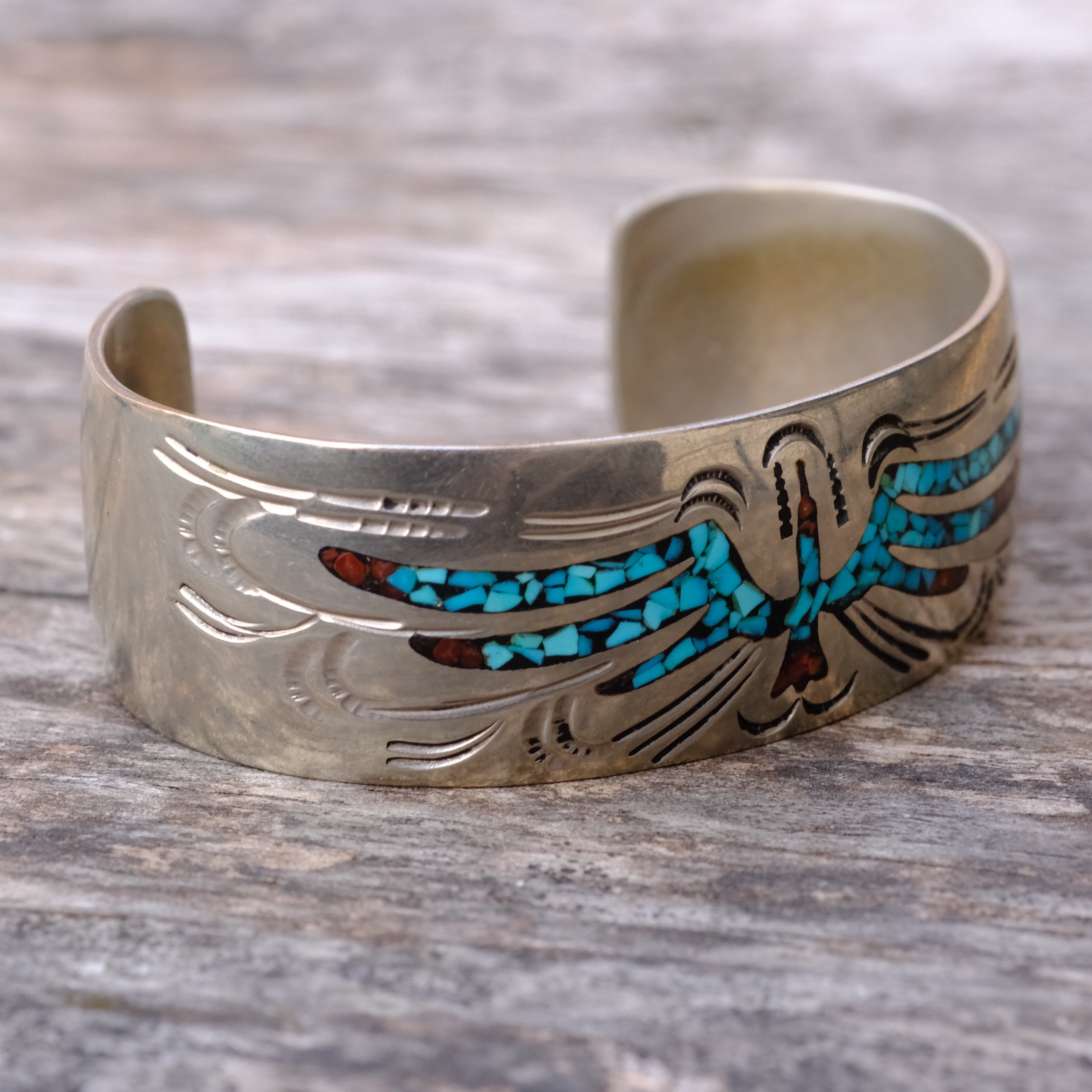 Vintage Sterling Turquoise and Coral Inlay Wide Cuff Bracelet