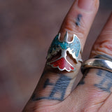 Vintage Sterling Turquoise and Coral Thunderbird Ring 4.75