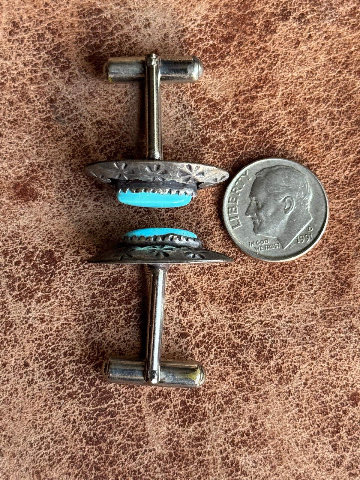 Vintage Sterling Silver Stamped Turquoise Shadowbox Cufflinks