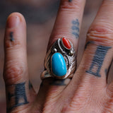 Vintage Sterling Turquoise and Coral Feather Ring 9.25