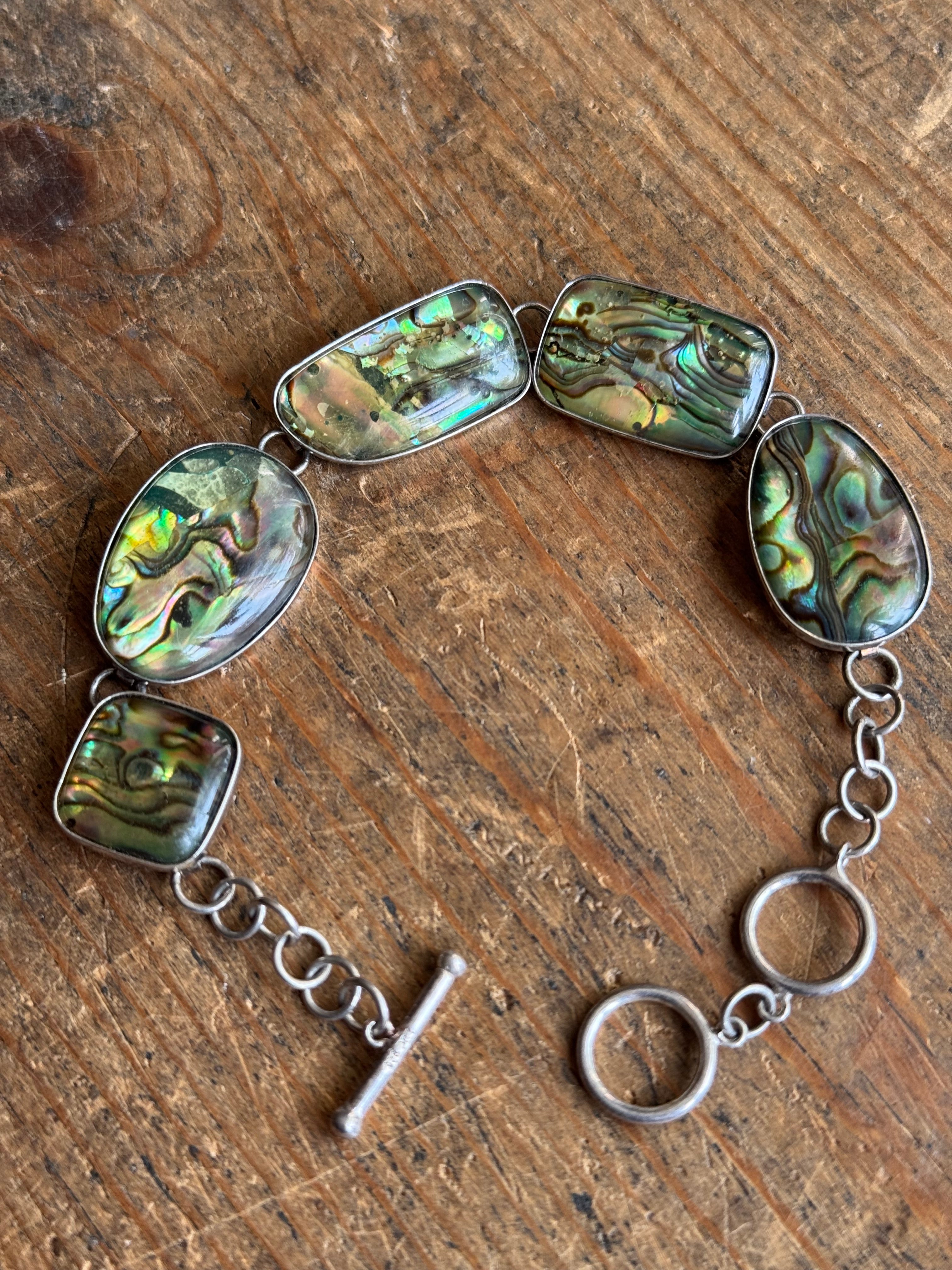 Vintage Sterling Silver 8” Abalone Link Toggle Bracelet