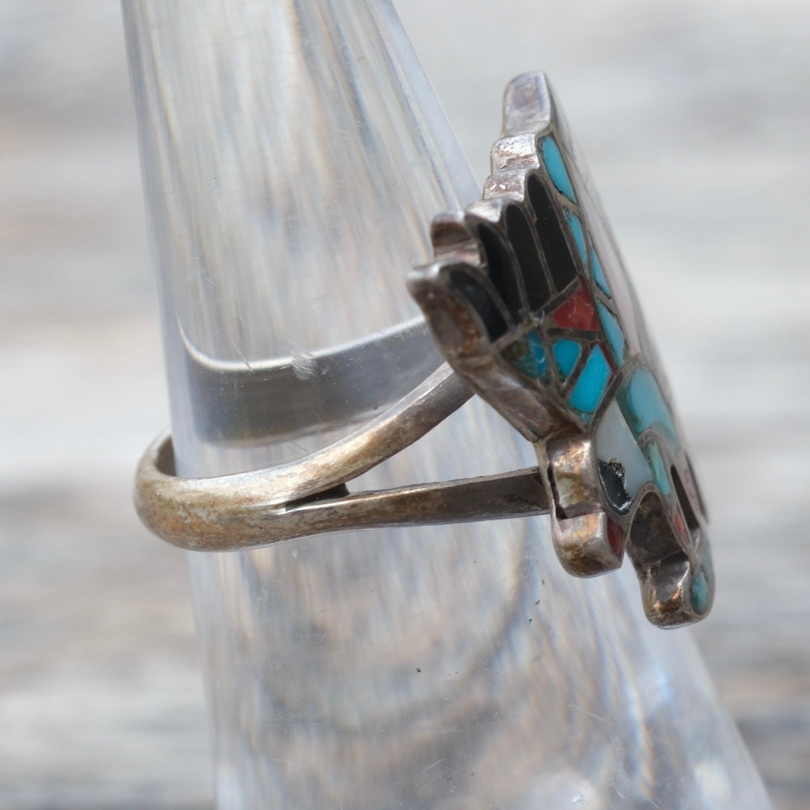 OLDER Vintage Sterling Zuni Inlay Eagle Ring 5.75