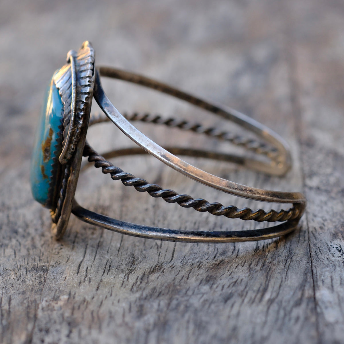 Vintage Sterling Turquoise Feather Cuff