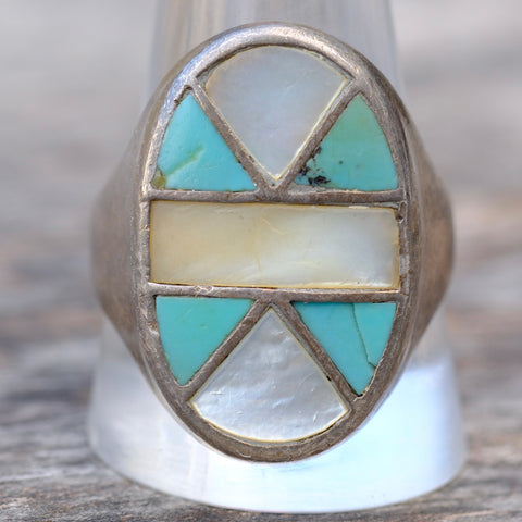 Vintage Sterling Turquoise and Mother Of Pearl Inlay Ring 12.25