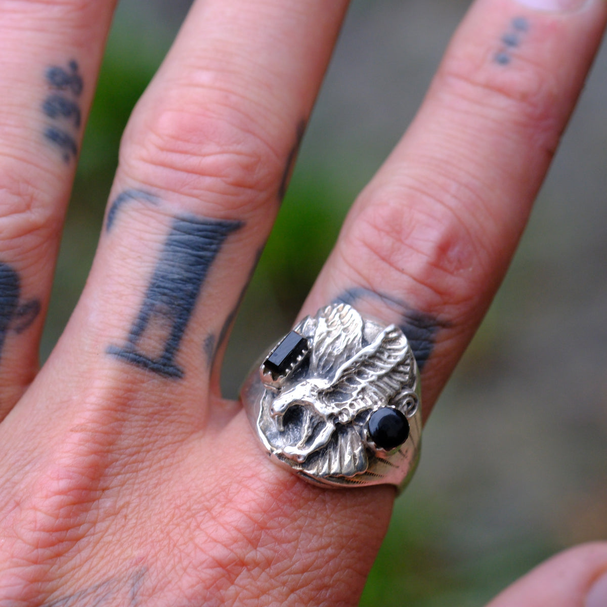 Vintage Sterling Onyx Eagle Ring 12.5