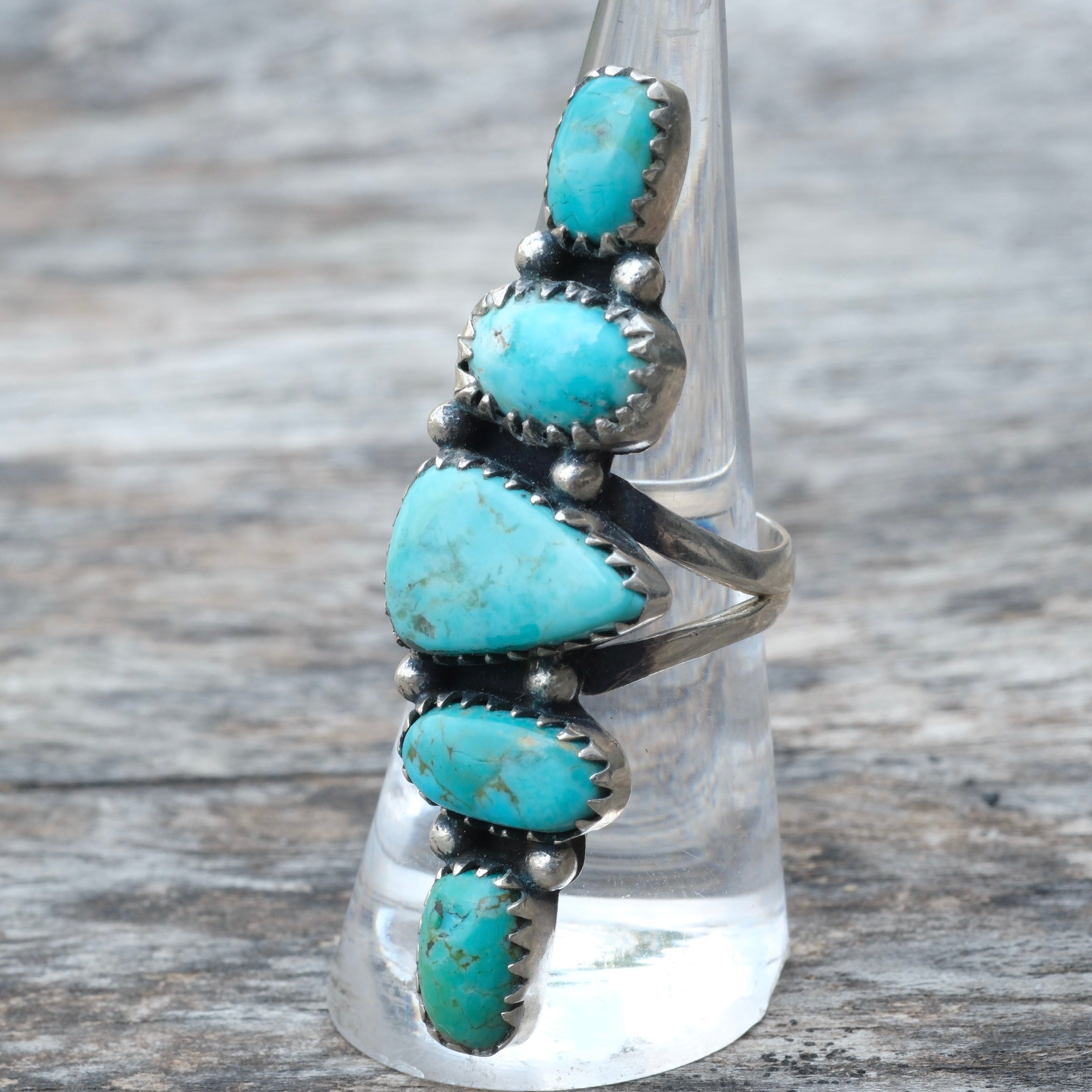 Huge Vintage Sterling 5-Stone Turquoise Ring 7.5