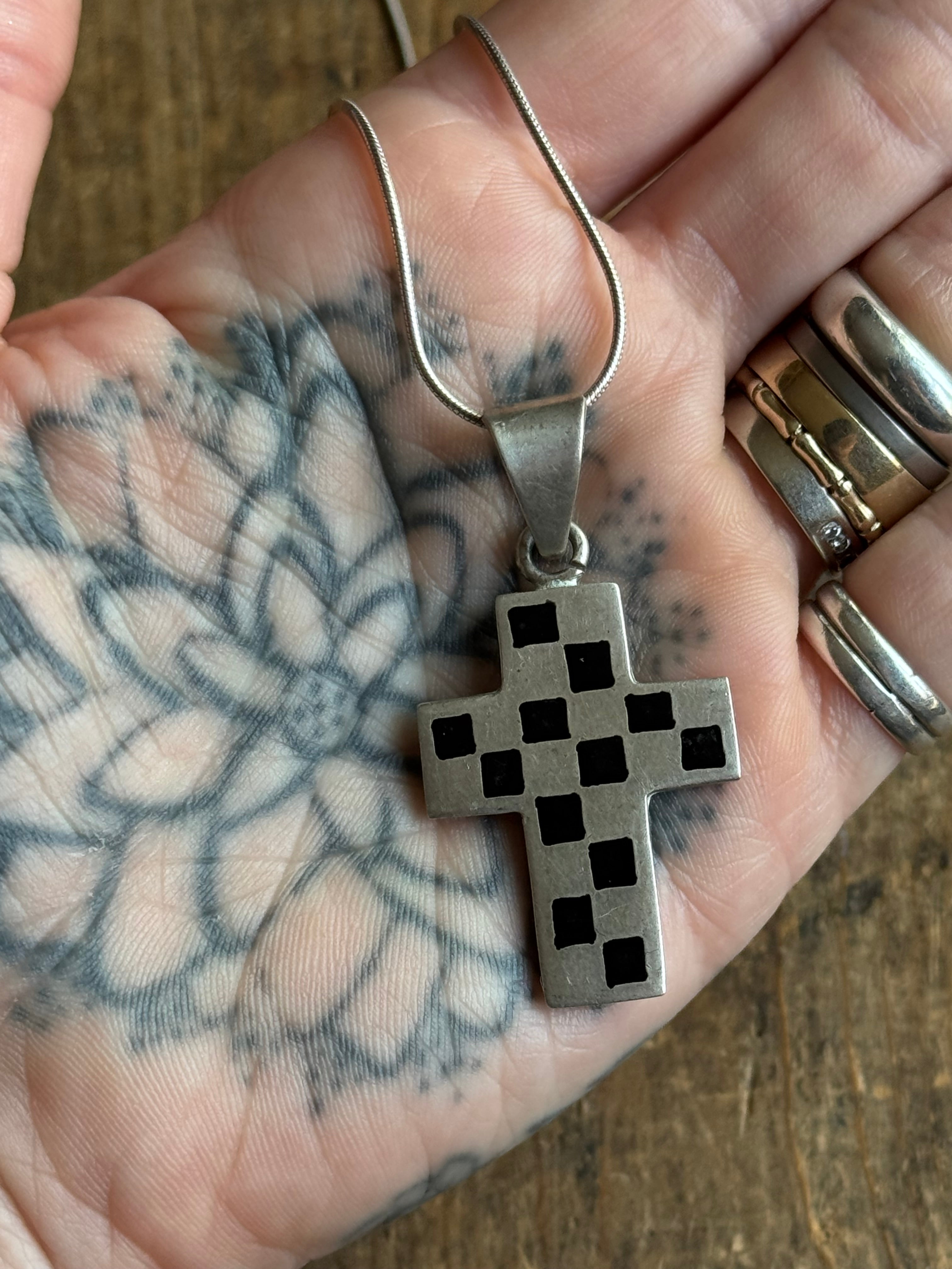 Vintage Sterling Silver Black Enamel Checkerboard Cross Necklace