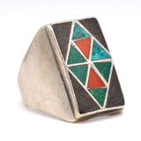 Vintage Sterling Jet Turquoise and Coral Inlay Ring 8