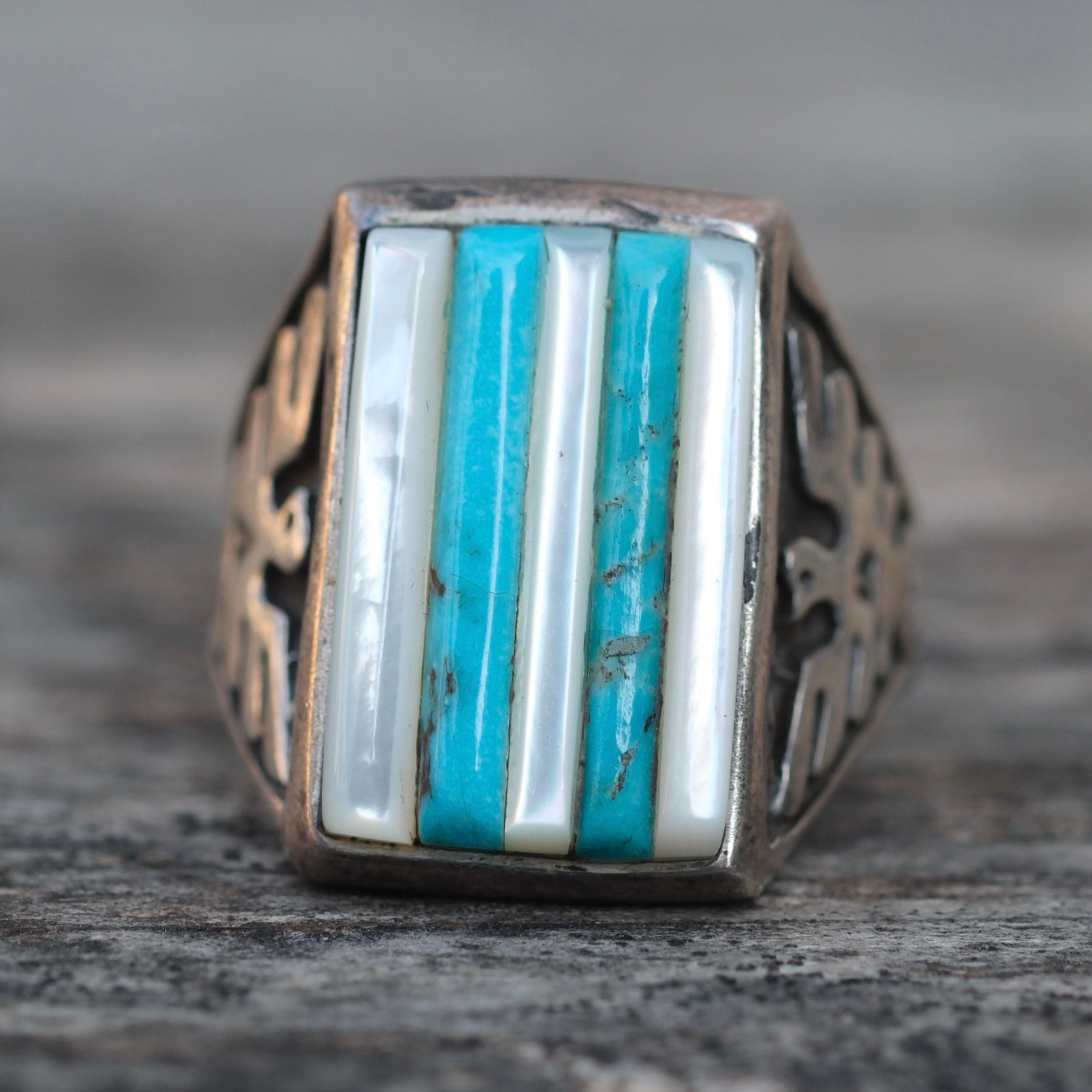 Vintage Sterling Turquoise and Mother Of Pearl Row Inlay Thunderbird Ring 10.25