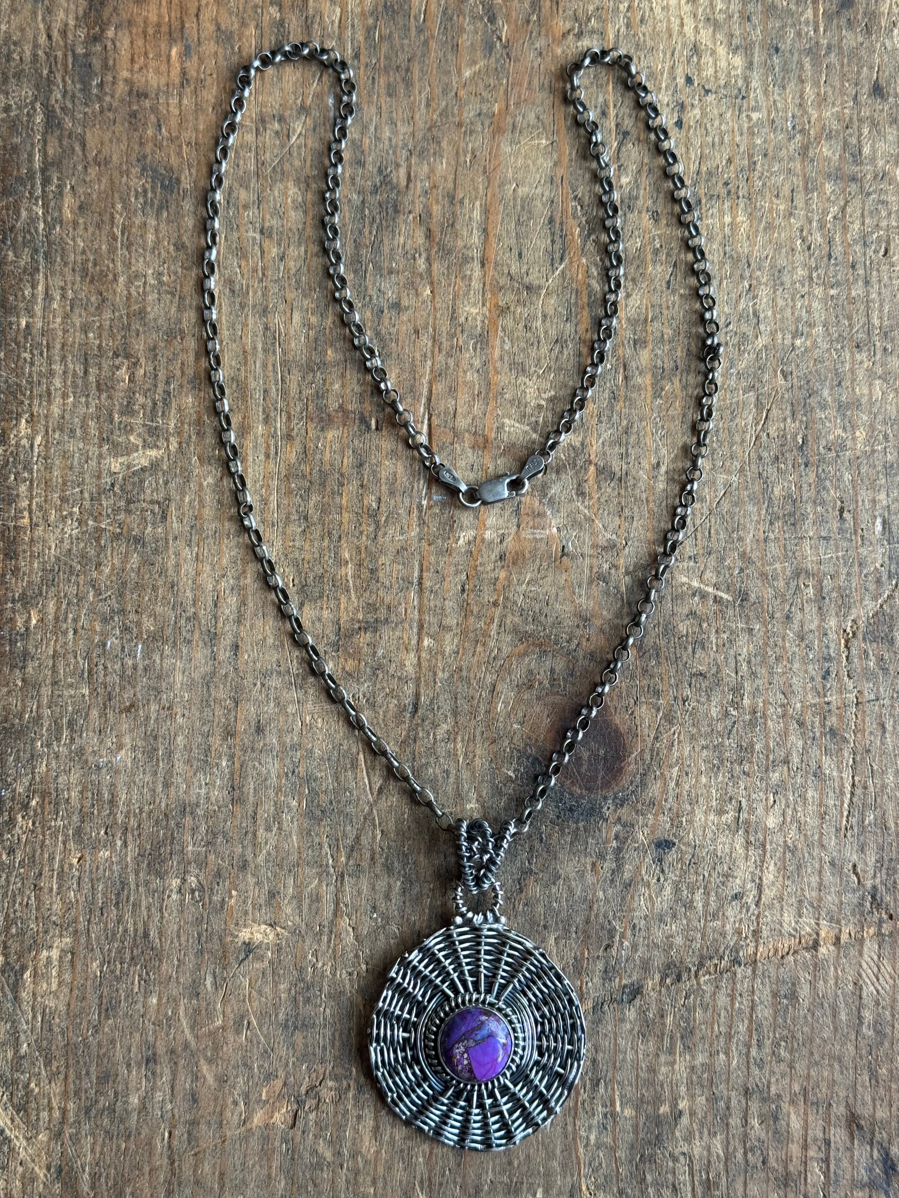 Vintage Sterling Silver Wire Formed Purple Jasper Necklace