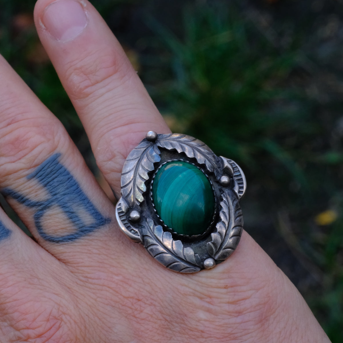 Vintage Sterling Malachite Feather Ring 6