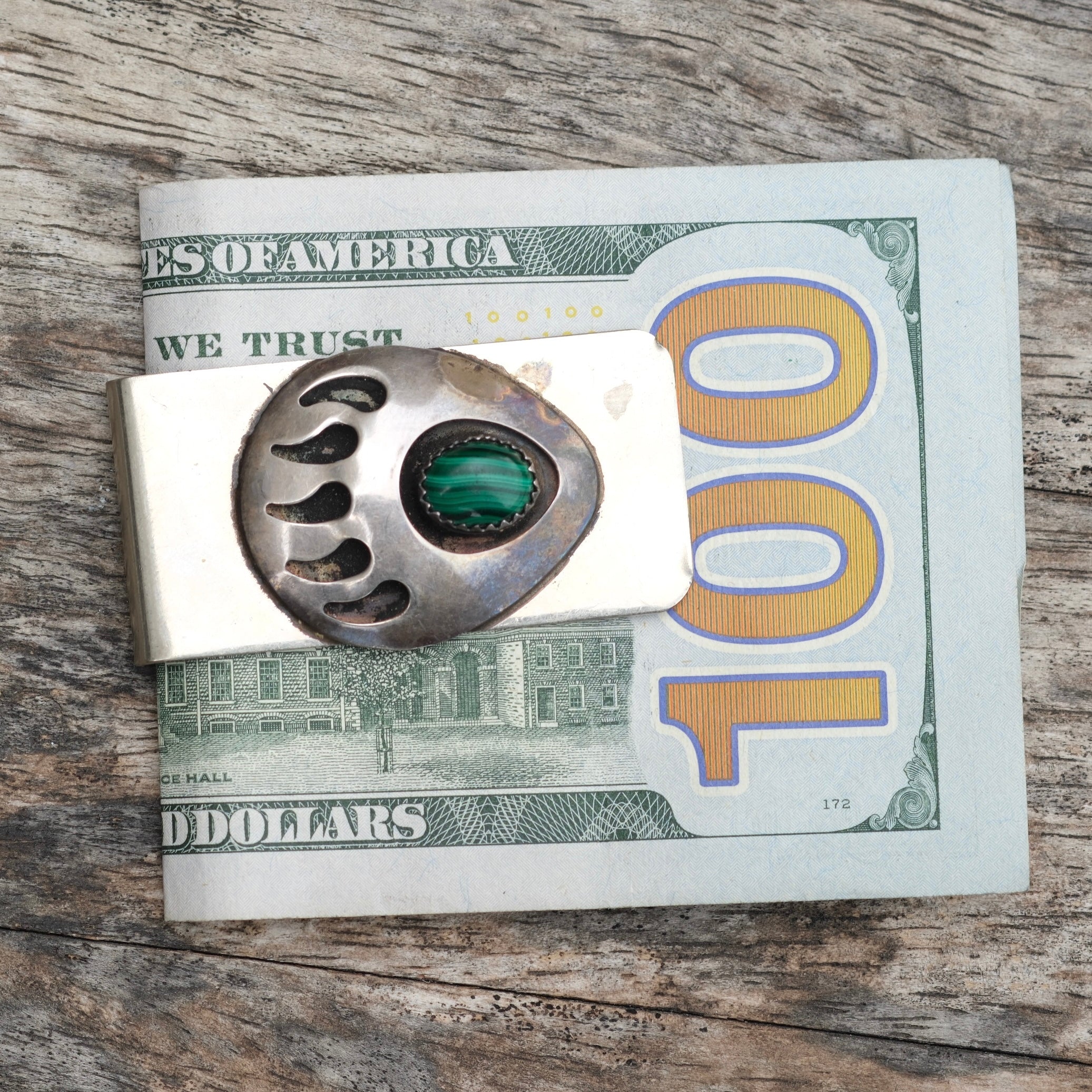 Vintage Sterling Overlay Malachite Bear Paw Money Clip