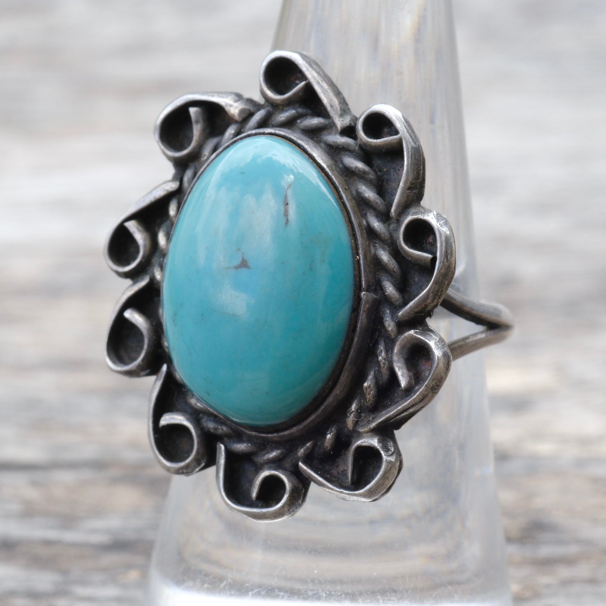 Vintage Sterling Turquoise Florette Ring 7.5