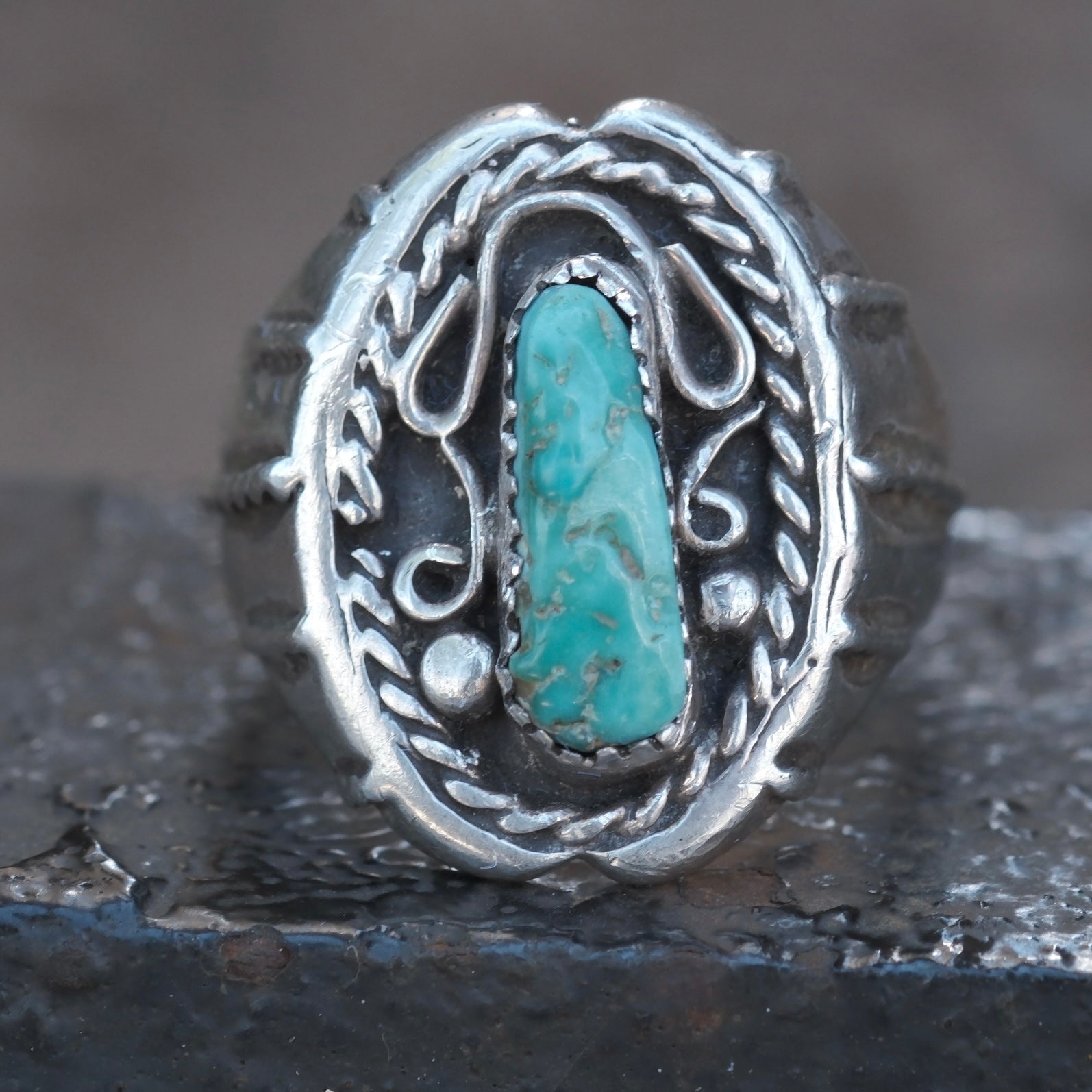Vintage Sterling Turquoise Braided Band Ring 12.5