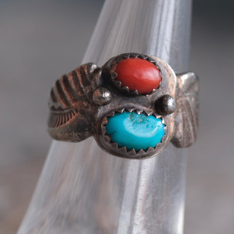 Vintage Sterling Turquoise and Coral Ring 6