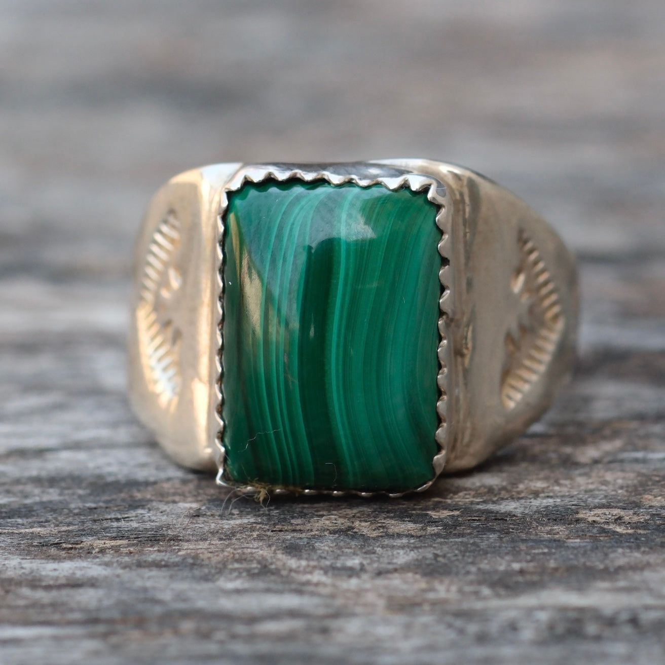 Vintage Sterling Malachite Stamped Band Ring 7.25