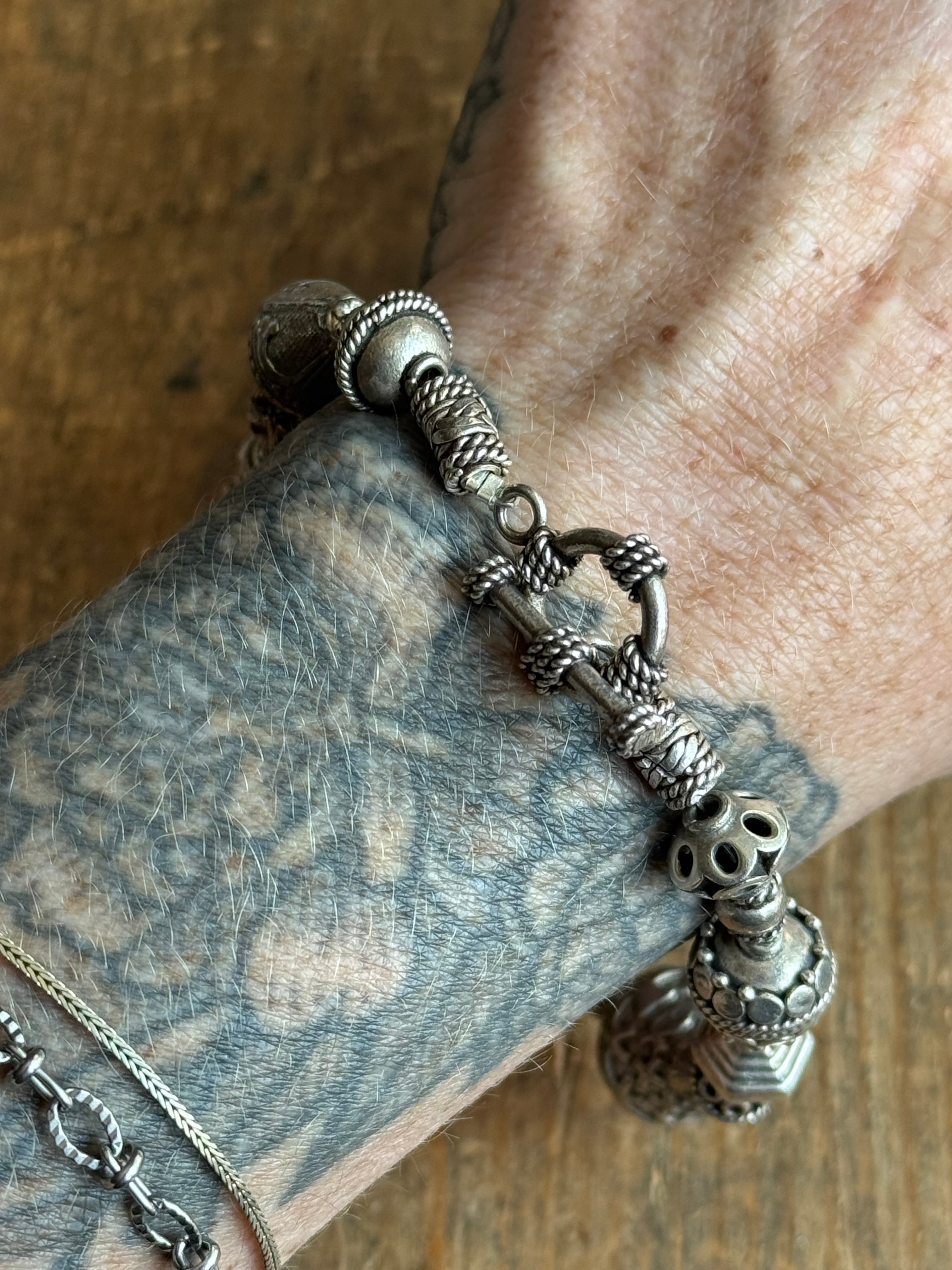 Vintage Sterling Silver 9” Tribal Bead Toggle Bracelet