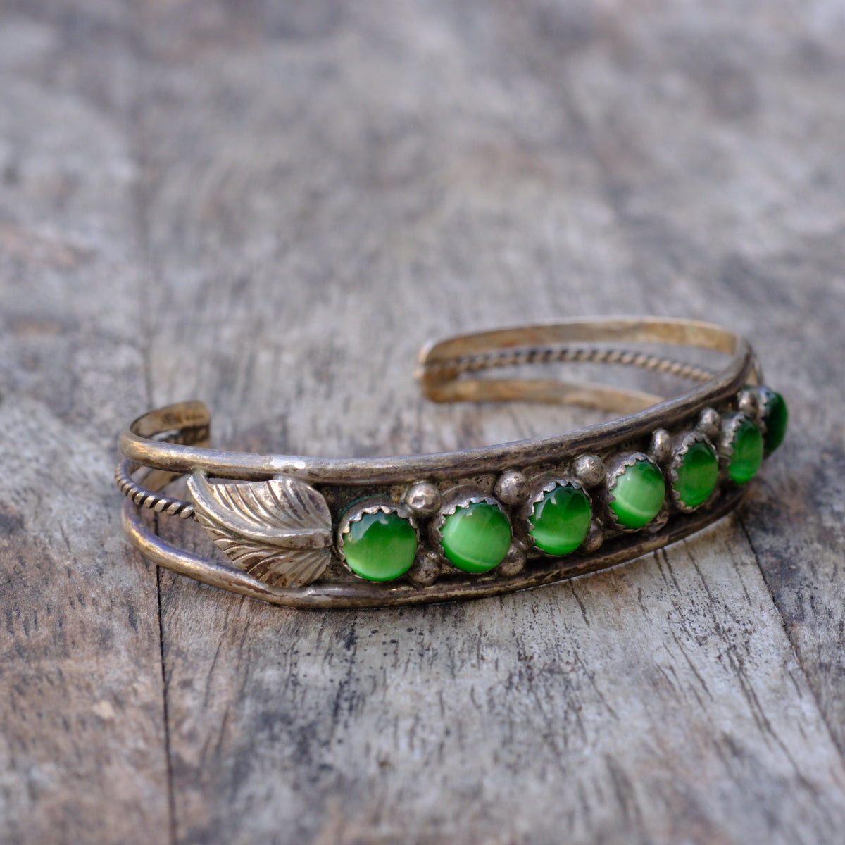 Vintage Sterling Green Cats Eye Cuff Bracelet