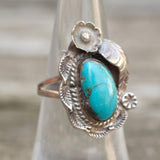 Vintage Sterling Turquoise Feather Ring 6.75