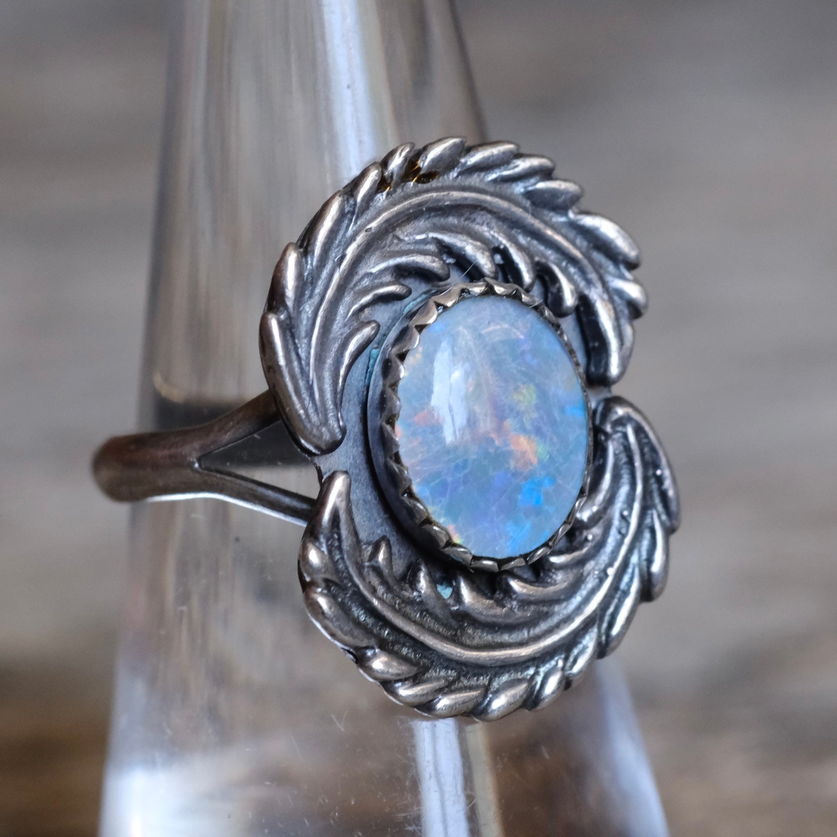 Vintage Sterling Opalite Feather Ring 7
