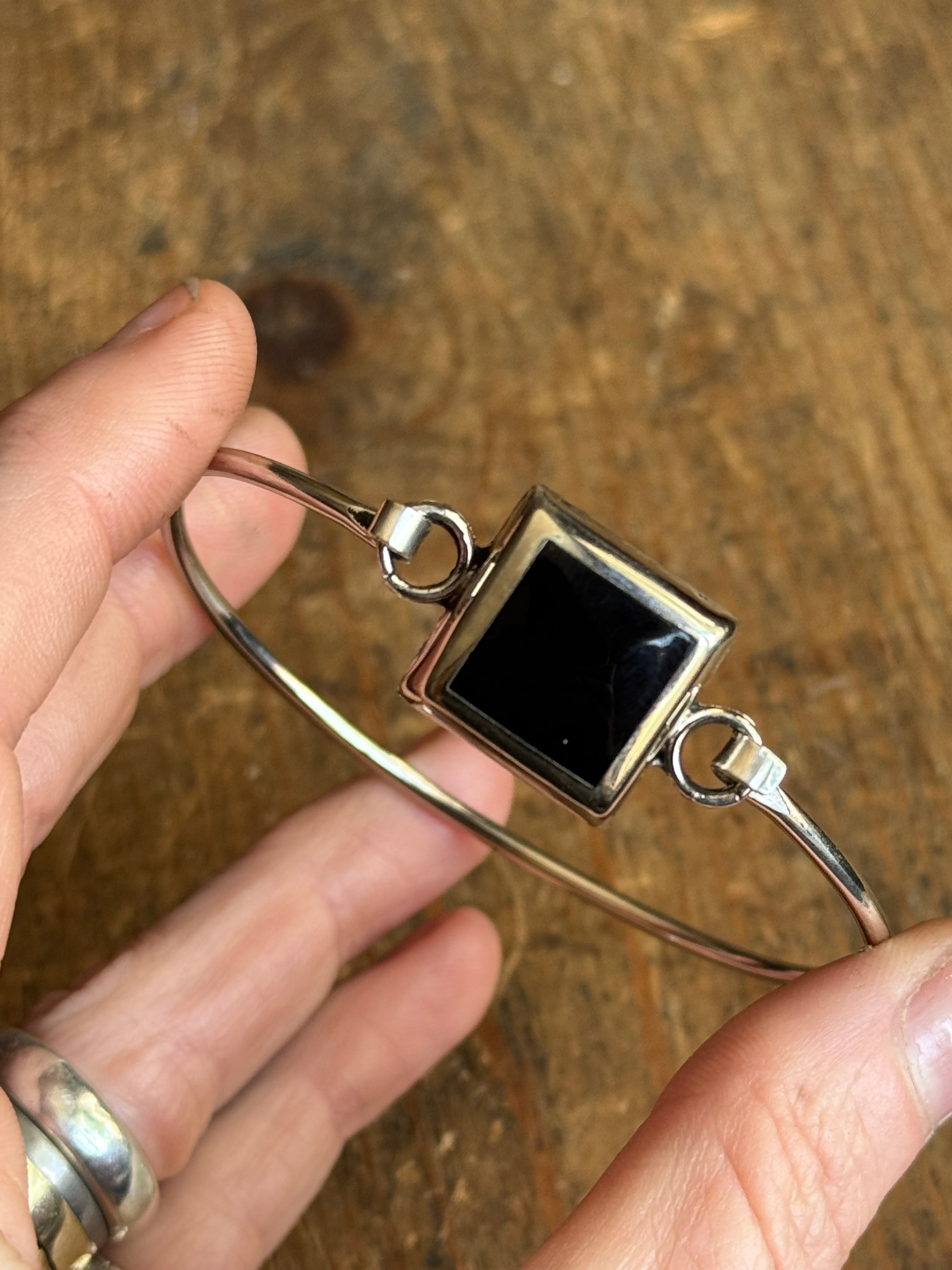 Vintage Sterling Silver Onyx Square Latch Bracelet