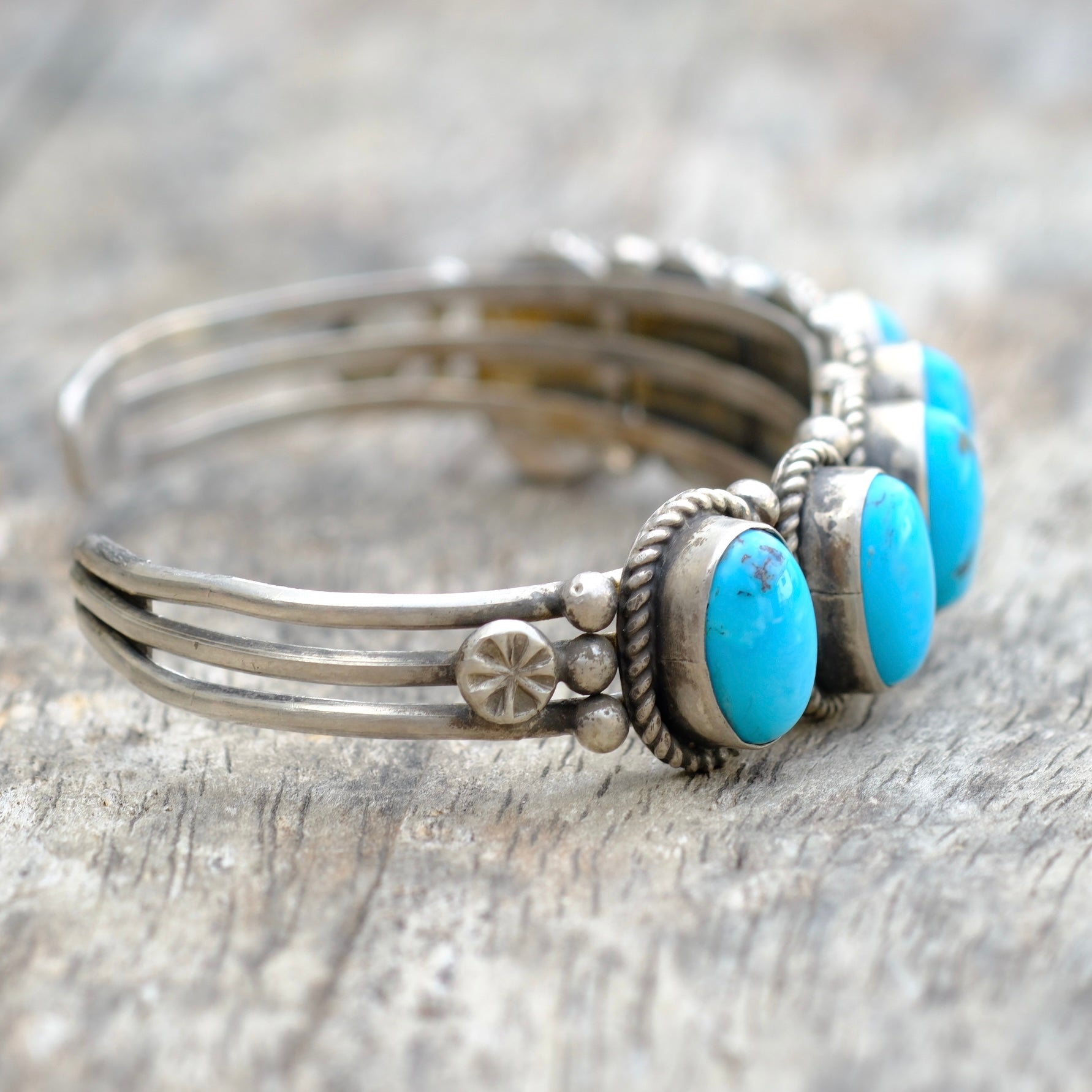 Vintage Sterling 7-Stone Turquoise Cuff Bracelet Running Bear