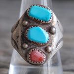 Vintage Sterling Turquoise and Coral Stamped Band Ring 10.5