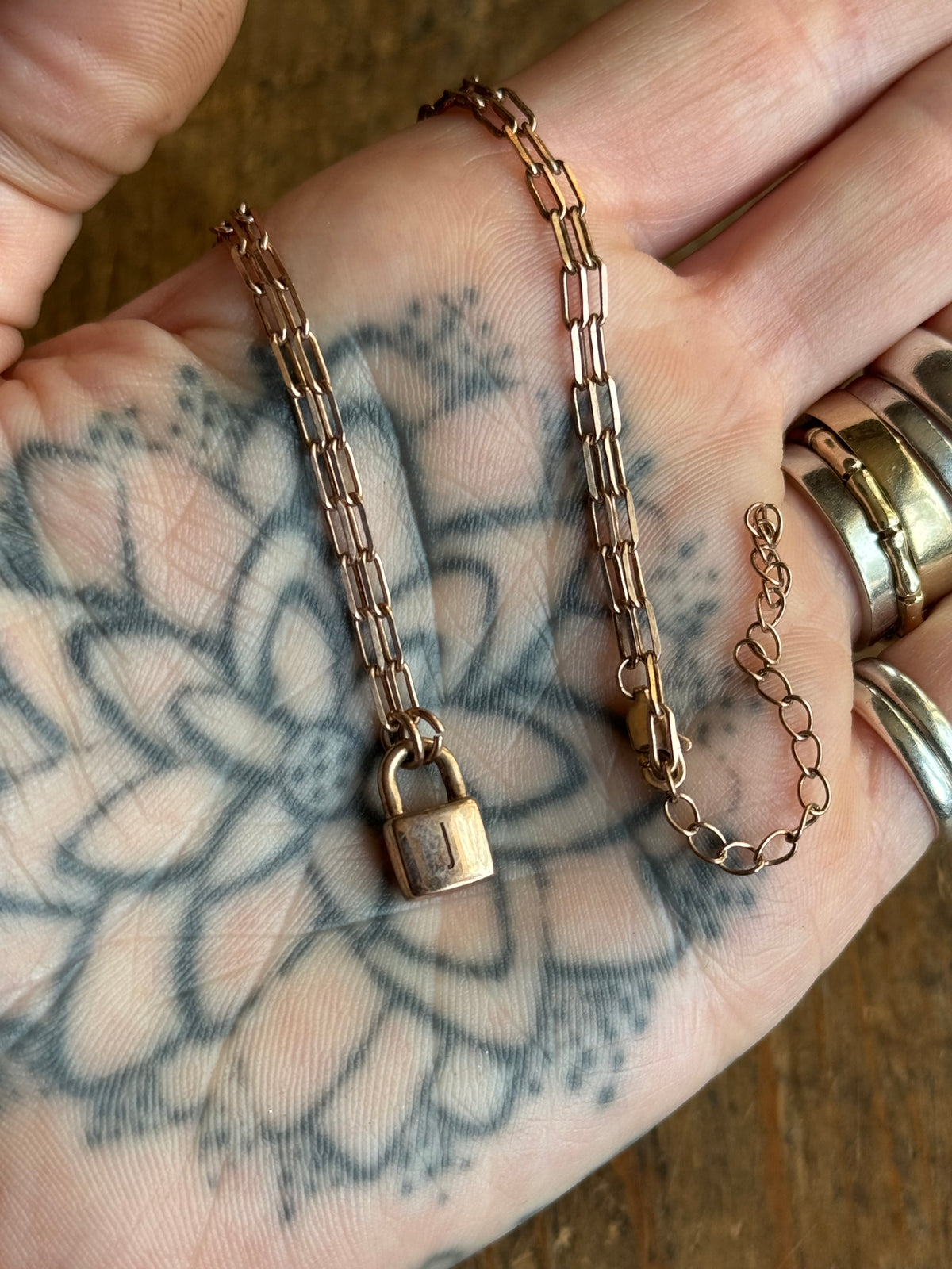 Vintage Sterling Silver 18” Rose Gold Tone ‘J' Padlock Chain