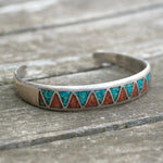Vintage Sterling Turquoise and Coral Inlay Cuff