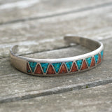 Vintage Sterling Turquoise and Coral Inlay Cuff