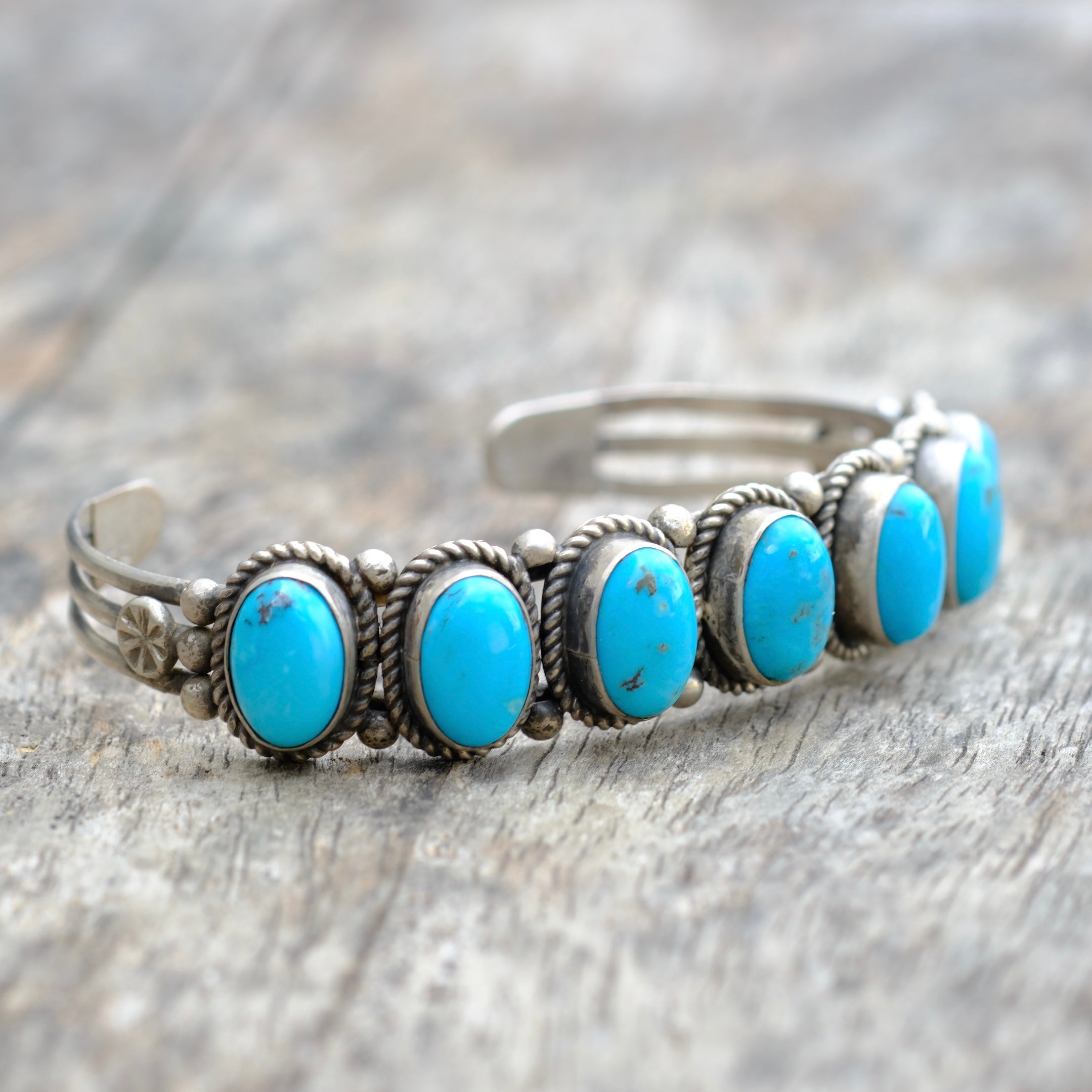 Vintage Sterling 7-Stone Turquoise Cuff Bracelet Running Bear