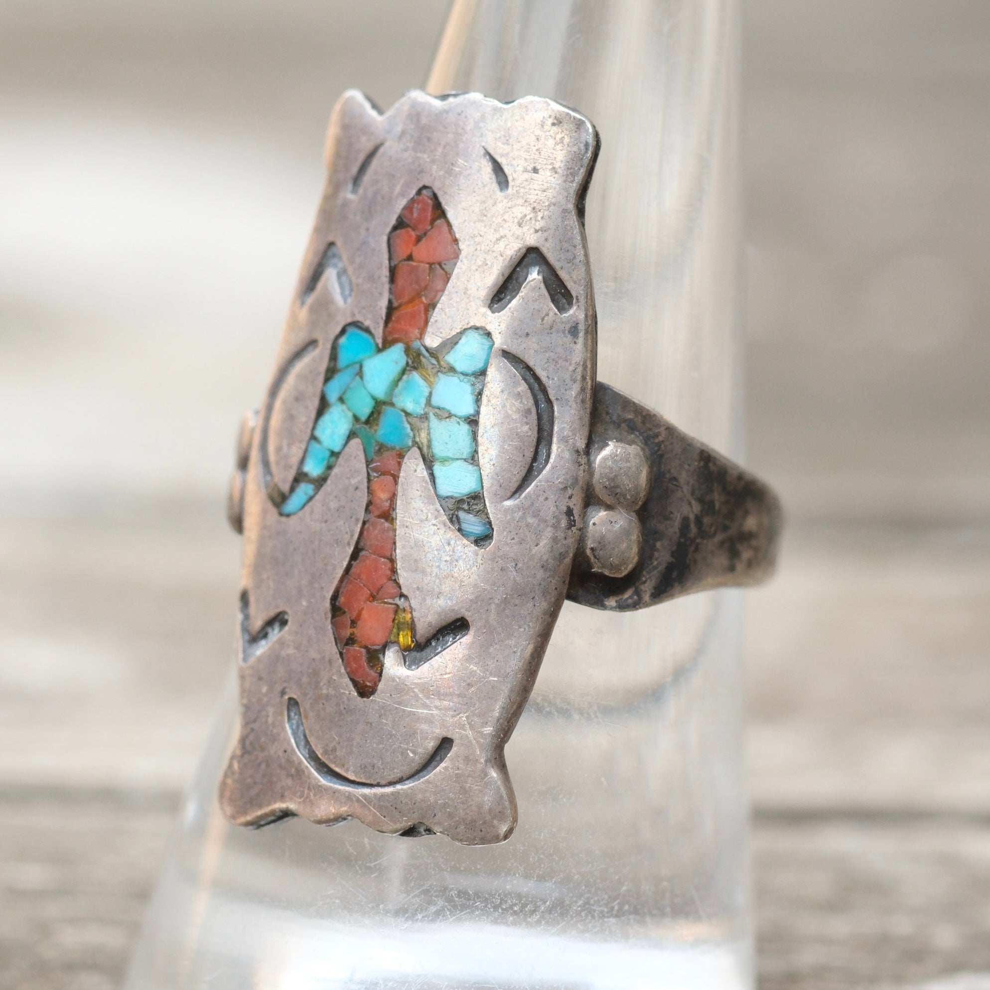 Vintage Sterling Turquoise and Coral Thunderbird Ring 8.75