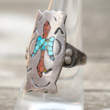 Vintage Sterling Turquoise and Coral Thunderbird Ring 8.75