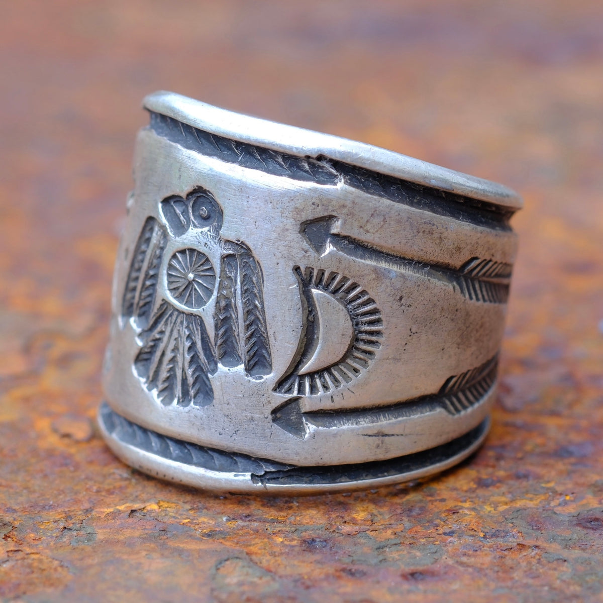Heavy Ingot Stamped Thunderbird Cigar Band Ring 11