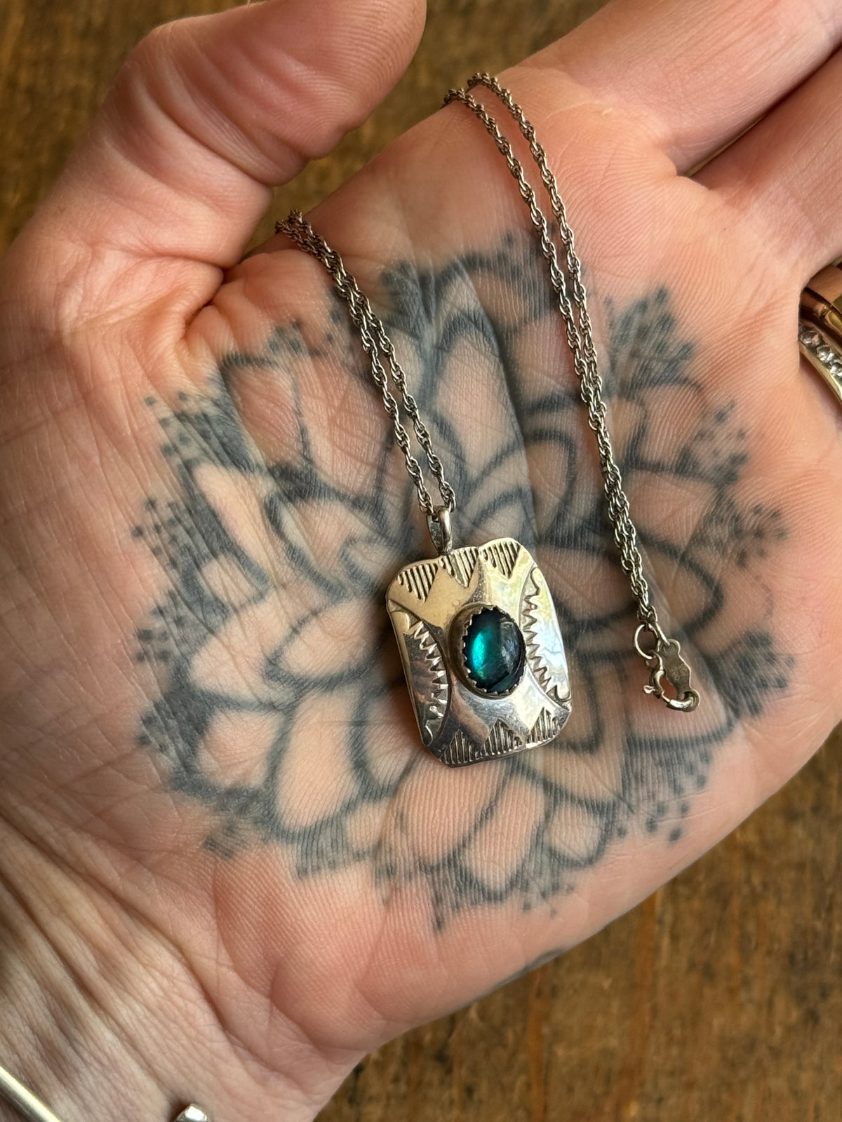 Vintage Sterling Silver Stamped Abalone Tag Necklace