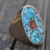 Vintage Sterling Crushed Turquoise and Coral Inlay Ring 11