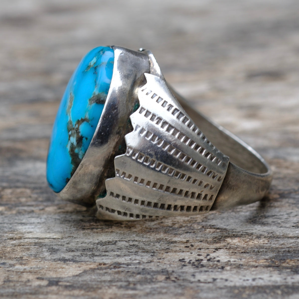 Vintage Sterling Turquoise Ribbed Band Ring 10