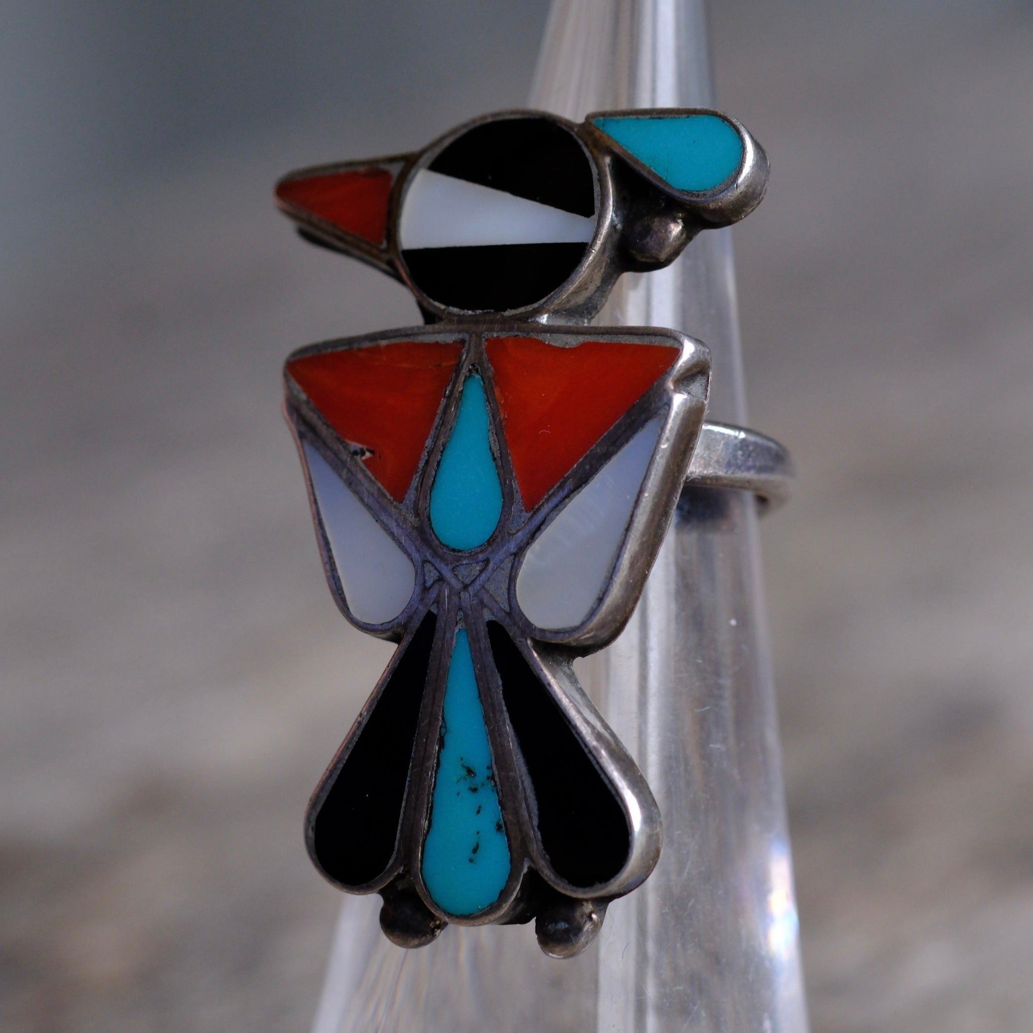 Vintage Sterling Multistone Inlay Thunderbird Ring 2.5