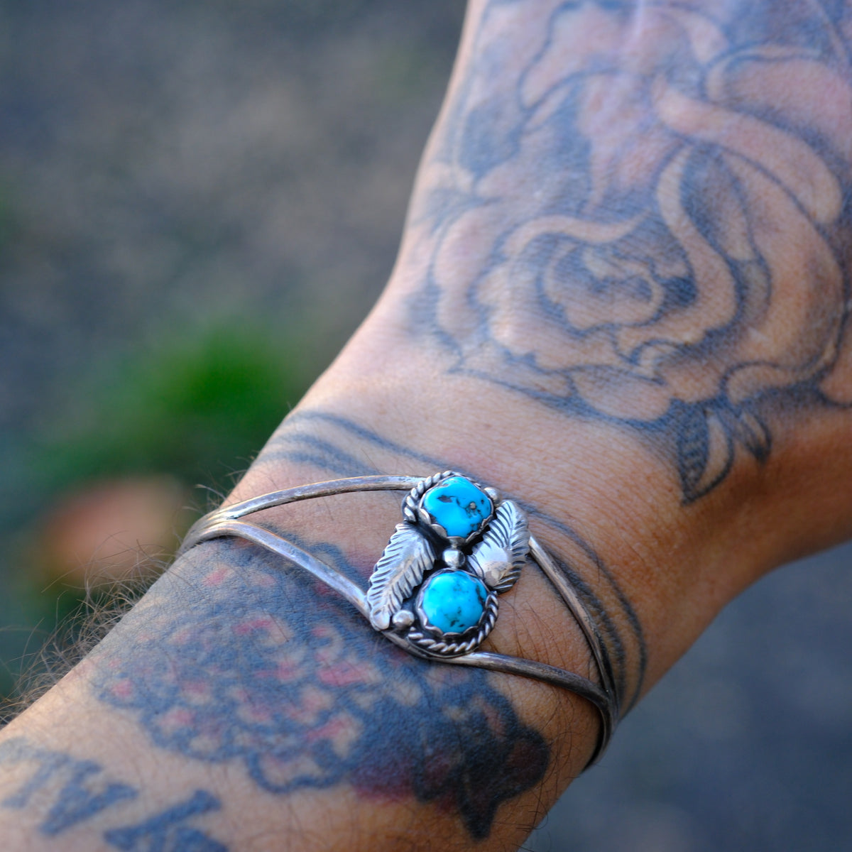 Vintage Sterling 2-Stone Turquoise Feather Cuff Bracelet