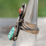 Vintage Sterling Turquoise and Coral Feather Ring 4.25