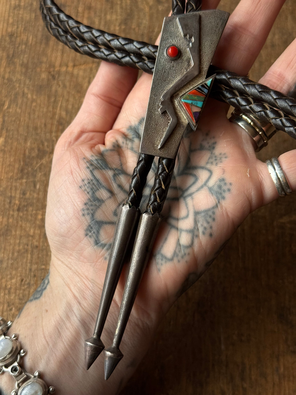 Vintage Sterling Silver Multistone Inlay Bolo